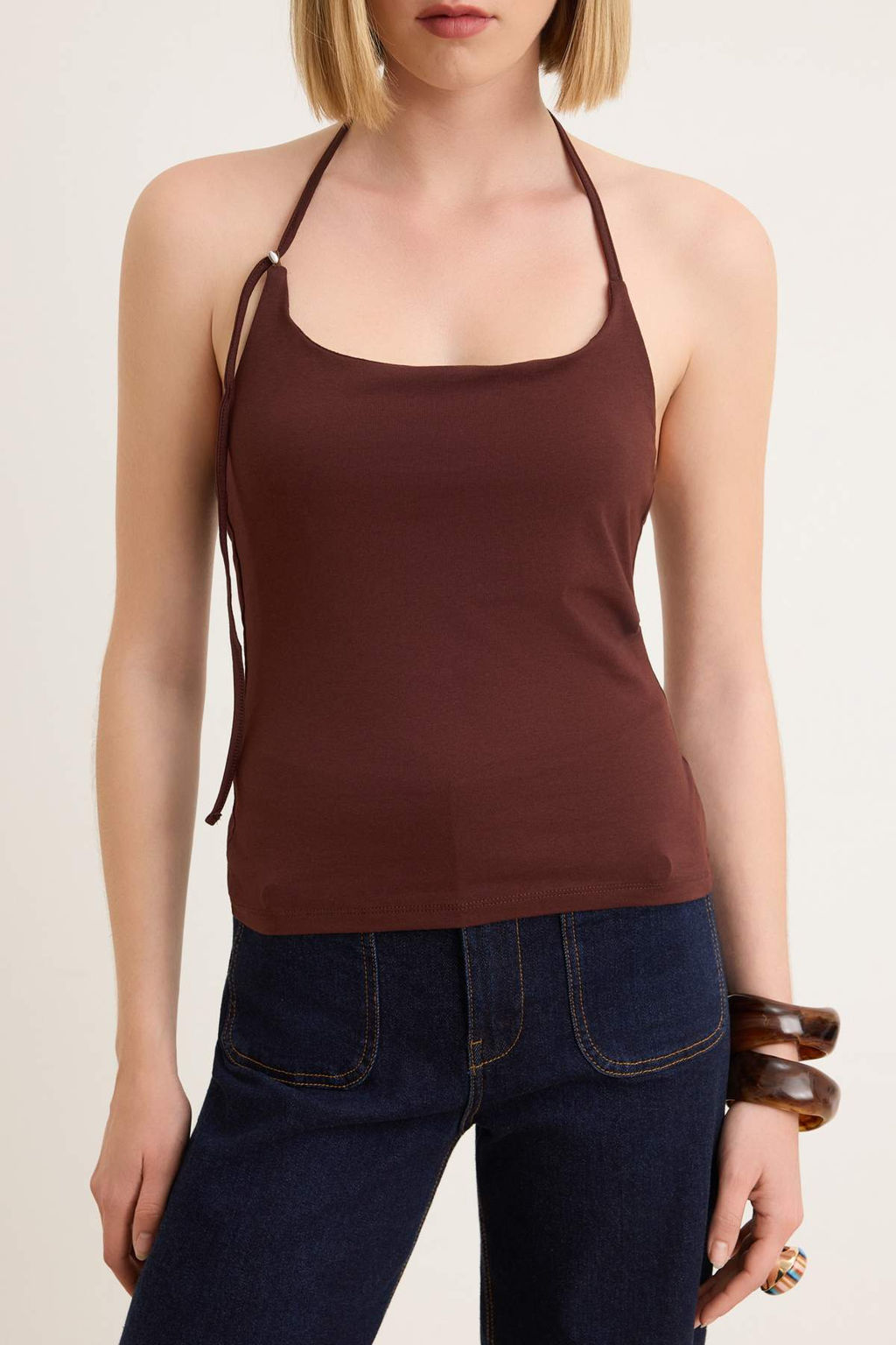 Ekru Duz Fitted Halter Yaka Ince Ask?l? Kolsuz Pamuklu Esnek Orme Atlet TWOSS26AL00067 - Trendyolmilla фото 7