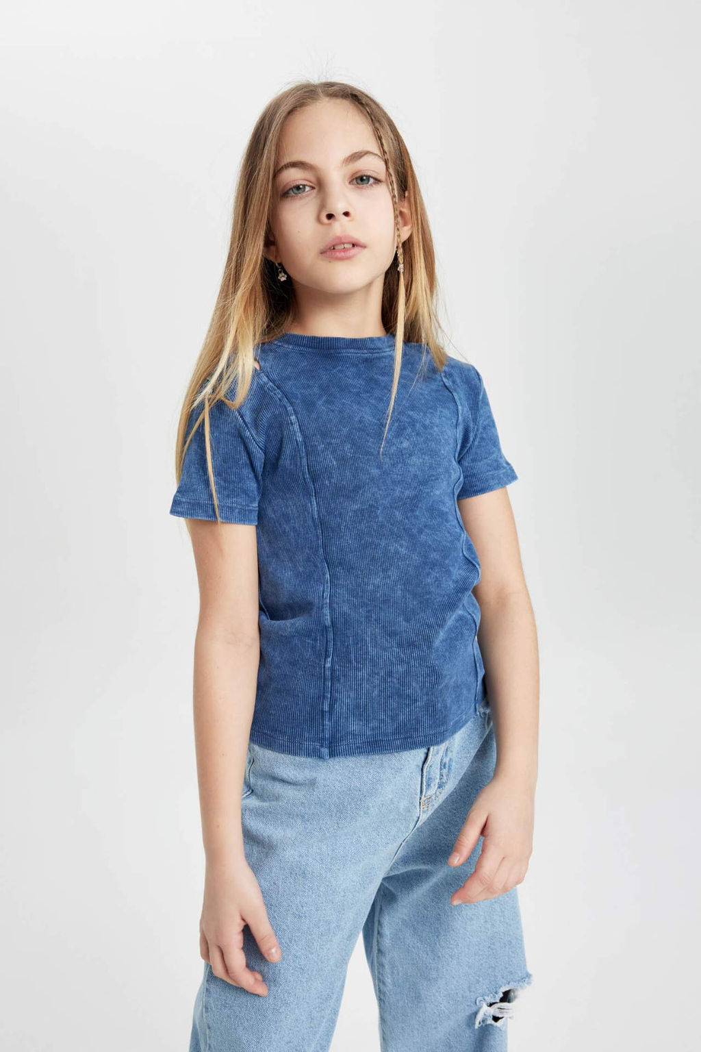 K?z Cocuk Slim Fit Dar Kesim Bisiklet Yaka Fitilli Kaskorse K?sa Kollu Tisort - Defacto фото 2