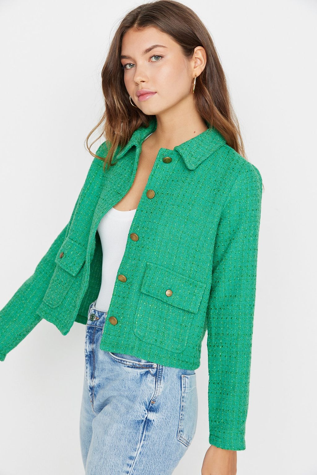 Yesil Fitted Cep Detayl? Ekose Crop Dokuma Ceket TWOAW23CE00140