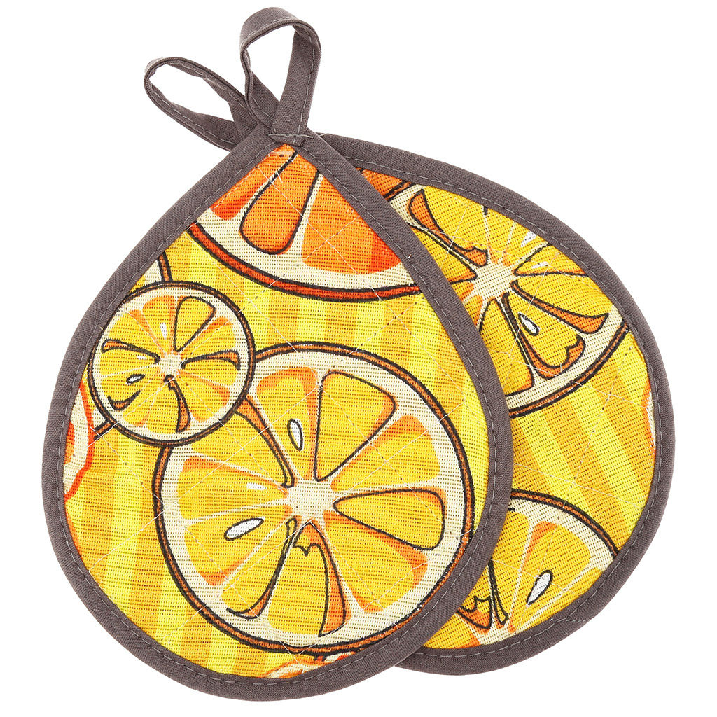 Кухонный комплект Апельсинки, вид 5: прихватка 18х20см форма Капелька - 2шт, рогожка 171г/м2, хлопок 100%, наполнитель - ватин 280г/м2, на пластмассовом подвесе, Домашняя мода (Россия)  фото 2