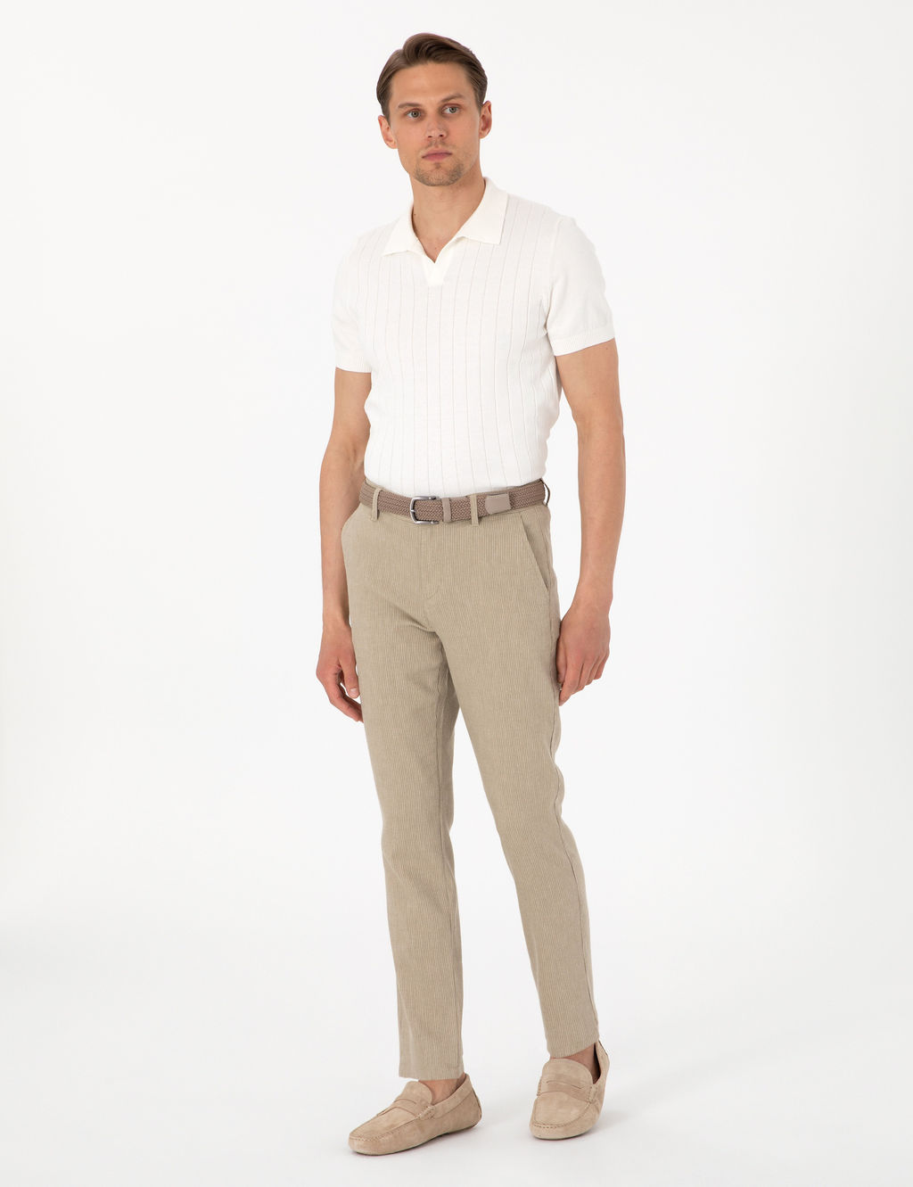 Haki Slim Fit Keten Kar___ml_ _izgili Kanvas Pantolon