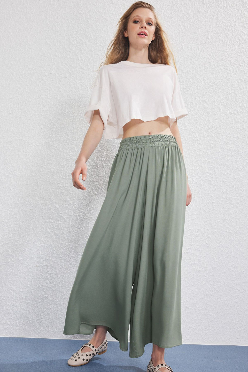 Haki Beli Lastikli Wide Leg Extra Genis Paca Dokuma Pantolon TWOSS25PL00103 Palazzo