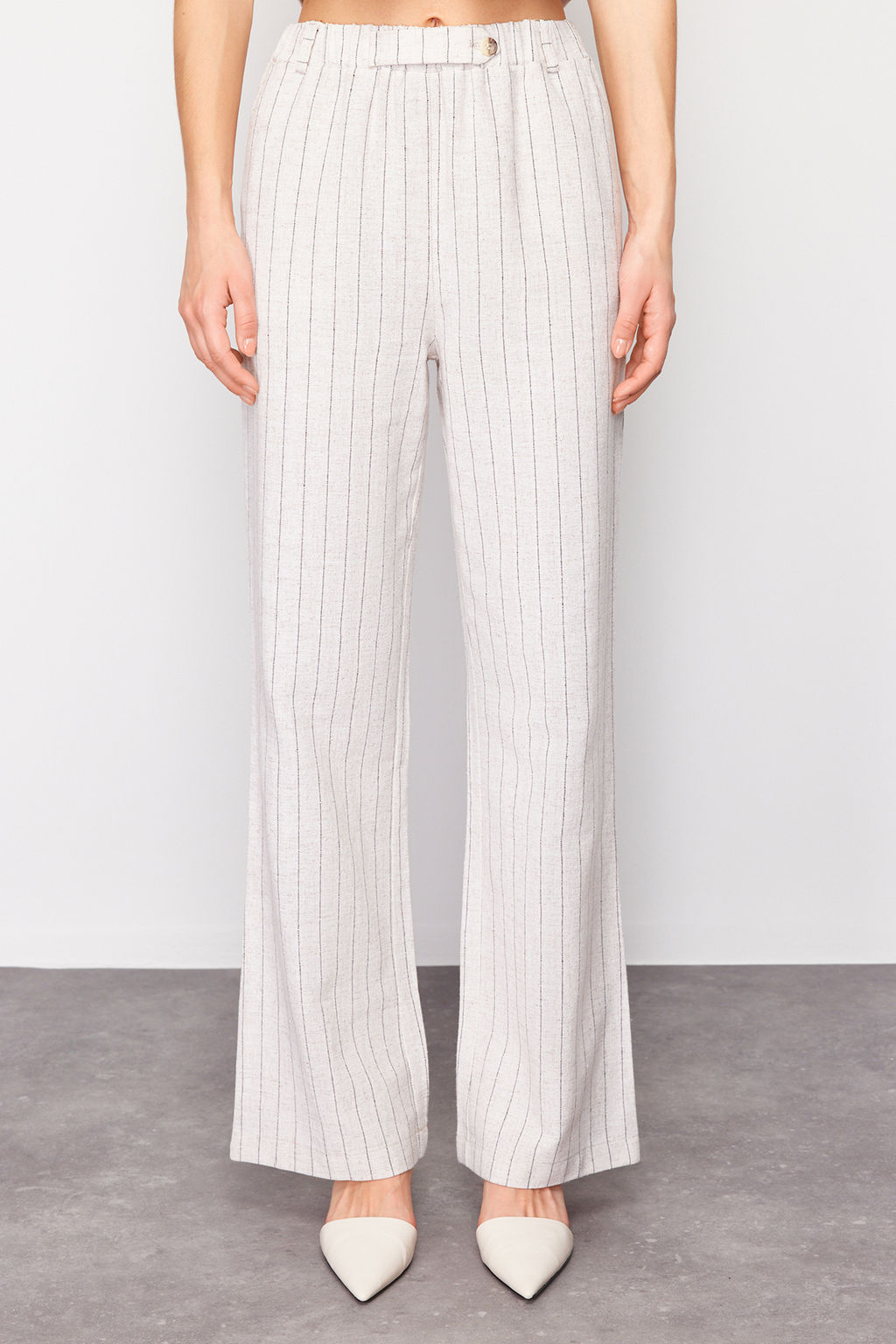 Bej Cizgili Beli Lastikli Cepli Straight/Duz Kesim Pamuk Keten Dokuma Pantolon TWOSS24PL00055