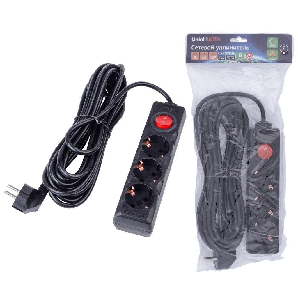 S-GCU3-7B BLACK Удлинитель серии Ultra, шнур 7м., 3 гнезда, 16A, с/з. Черный. TM Uniel