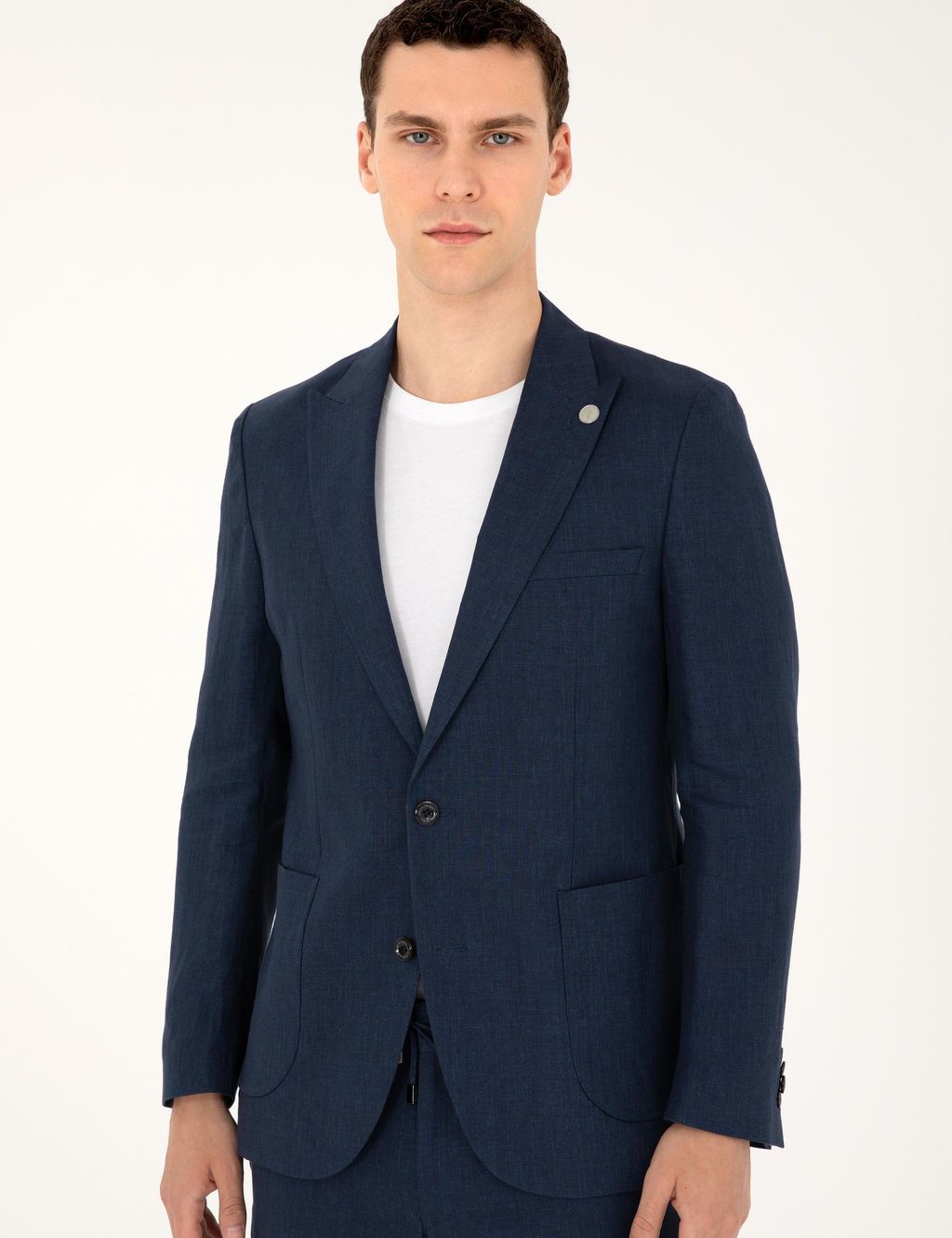Lacivert Ex. Slim Fit %100 Keten Tak_m Elbise