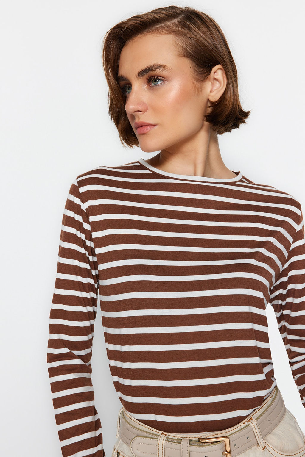 Kahverengi Cizgili Basic Bisiklet Yaka Orme T-shirt TWOAW23TS00002