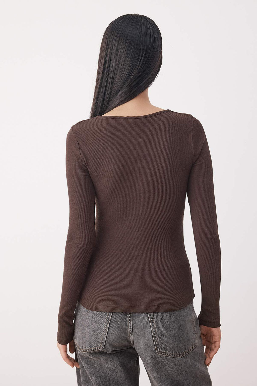 Ac?k Kahverengi C?tc?tl? Fitted/Vucuda Oturan Fitilli Esnek Orme Bluz TWOAW25BZ00080