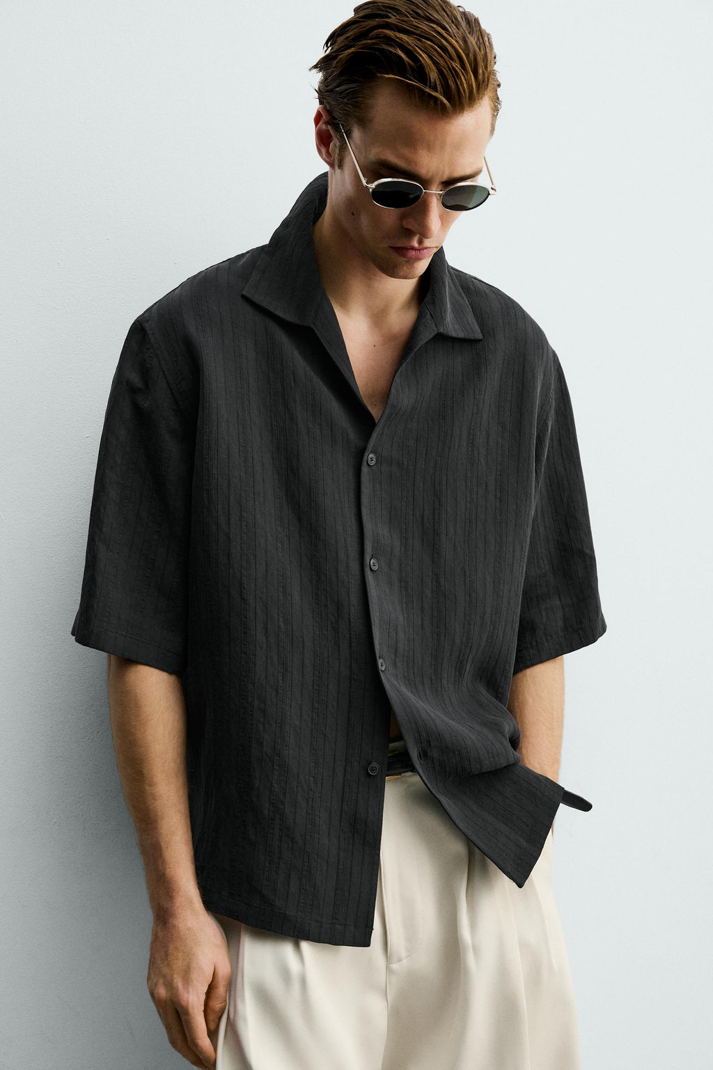 CAMISA BOXY FIT JACQUARD RAYAS / Negro - Zara фото 5