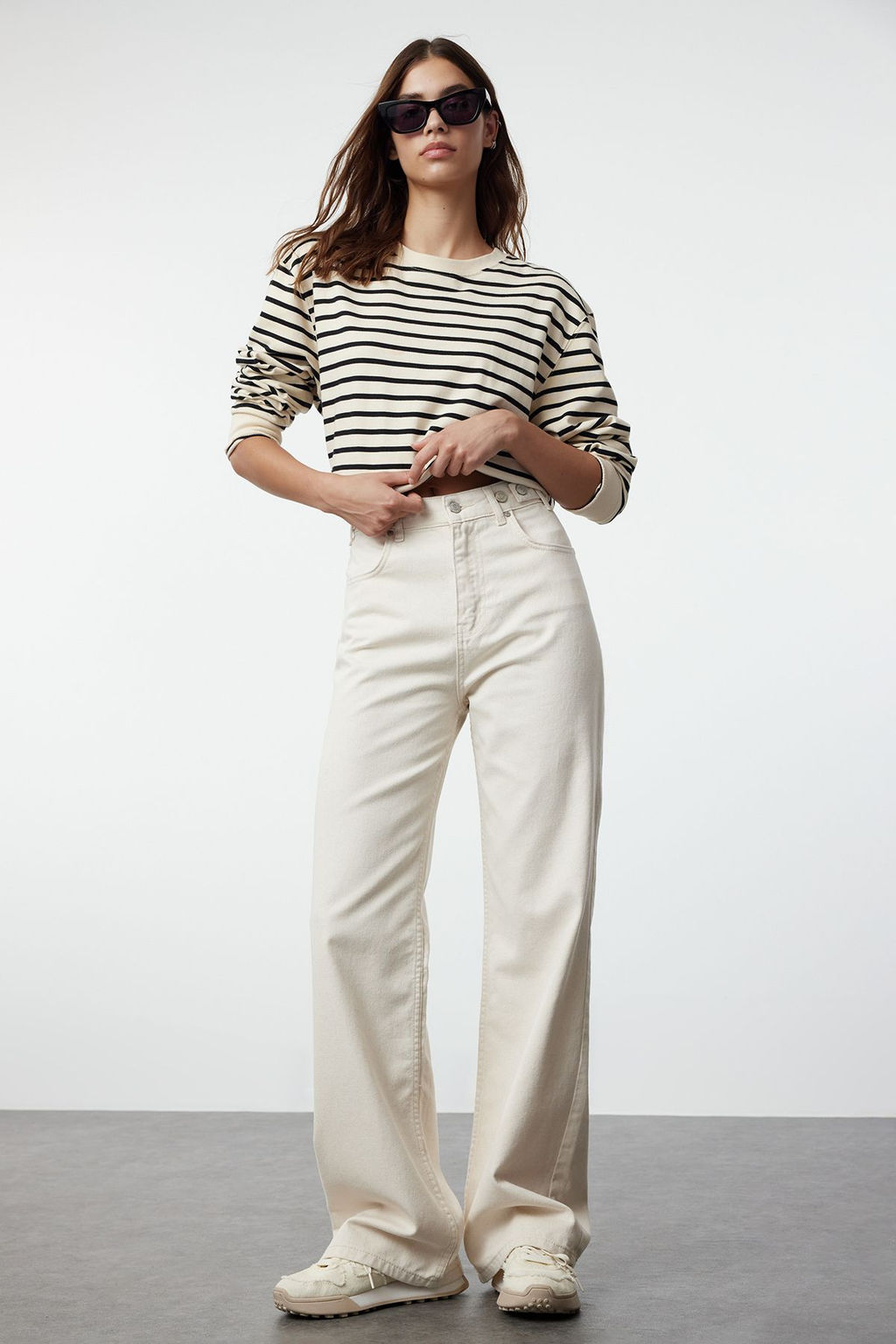 Ekru Bel Detayl? Yuksek Bel Wide Leg Pantolon TWOAW25JE00039
