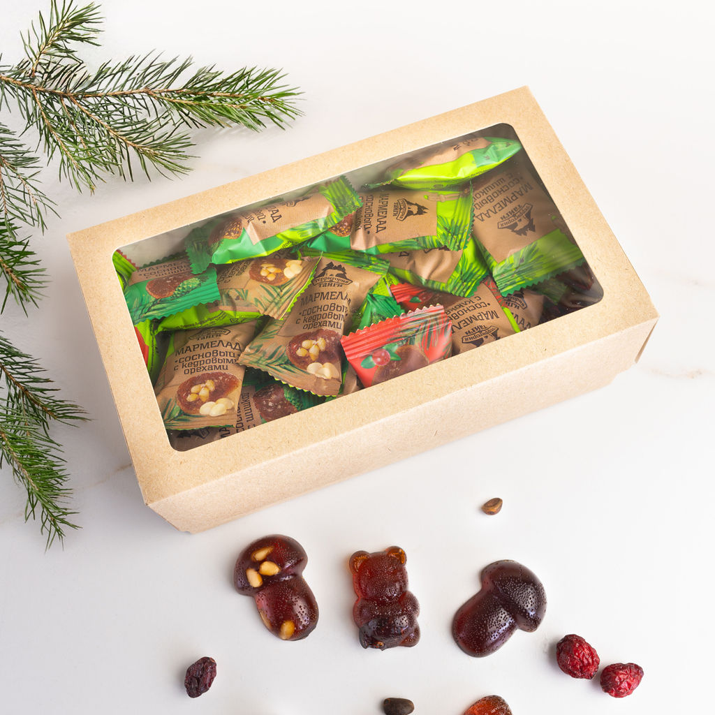 Мармелад сосновый ассорти (с клюквой, сосновой шишкой, кедровым орехом) флоу-пак крафт-коробка 500 г