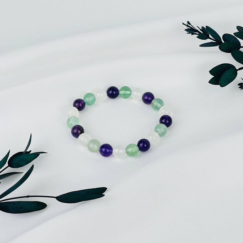Браслет "Стихия Эфир" из Аметиста, Флюорита и Селенита 18 см