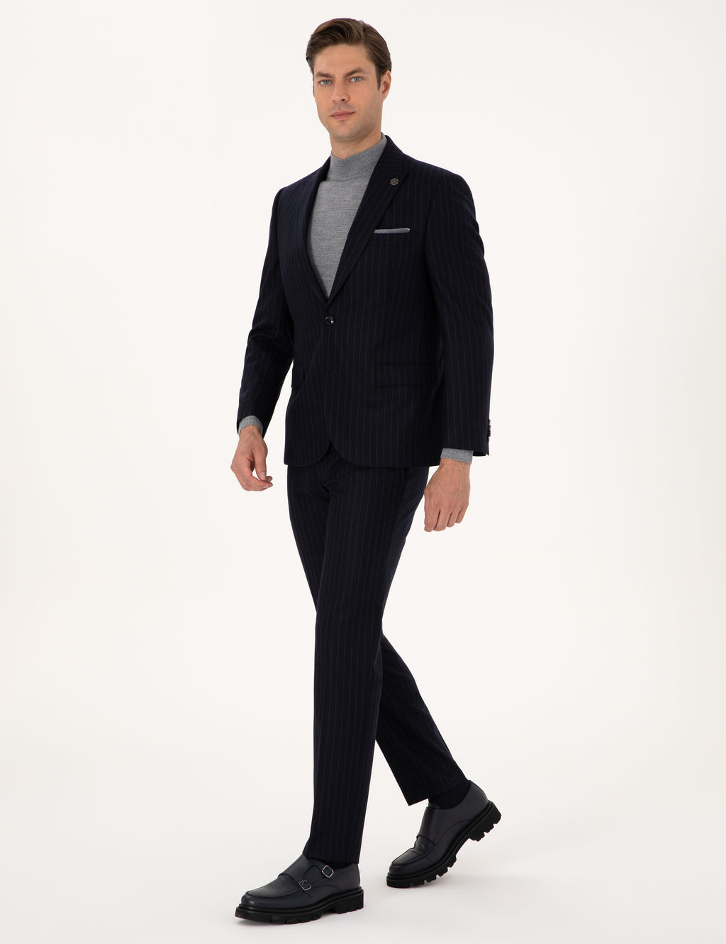 Lacivert Slim Fit %100 Y_n Tak_m Elbise