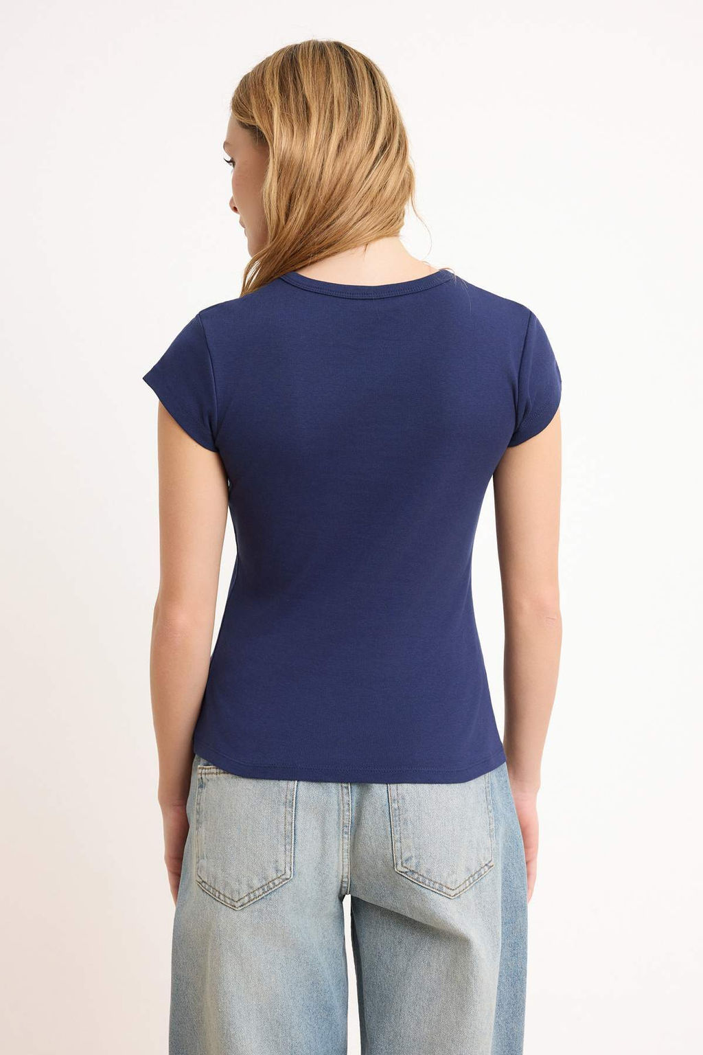 Lacivert Dugmeli Fitted/Vucuda Oturan Orme Bluz TWOSS25BZ00281