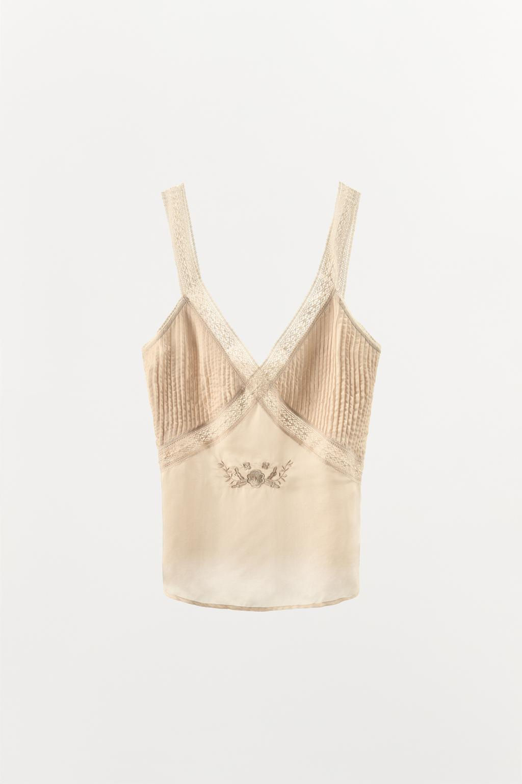 SATIN TOP WITH EMBROIDERY AND LACE TRIM - Zara фото 4