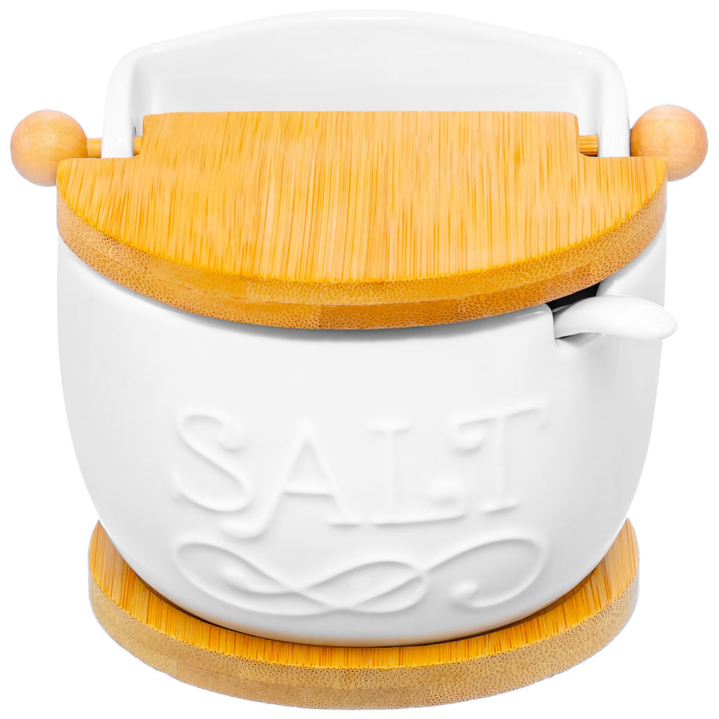 Банка д/соли 350 мл 12*9,5*10 см "Salt" с ложкой, откидной бамбук.крышкой на бамбук.подставке