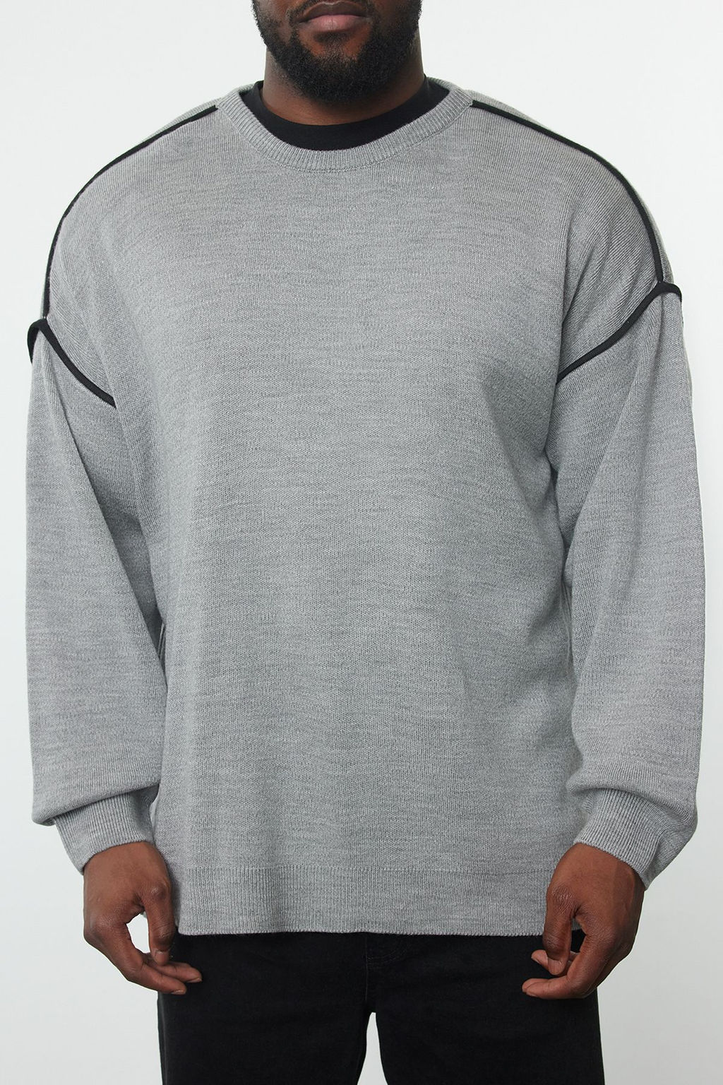 TRENDYOL MAN Siyah Buyuk Beden Oversize Fit Genis Kal?p Biye Detayl? Triko Kazak TMNAW24AN00000 - Trendyolmilla фото 3