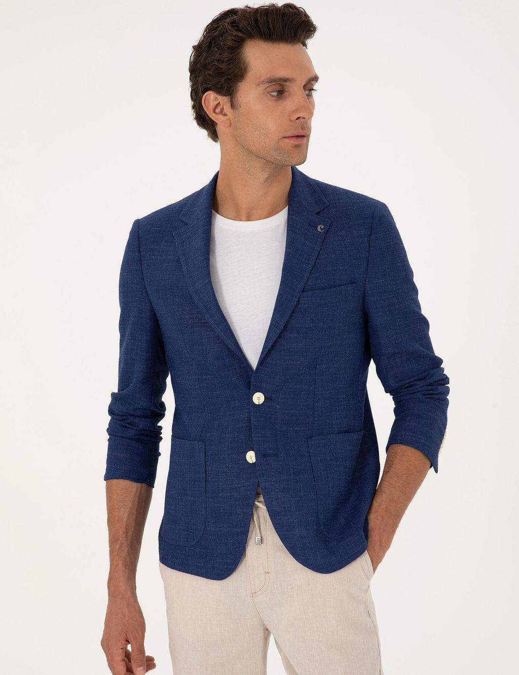 Синий приталенный пиджак из смесового льна - Cacharel фото 3