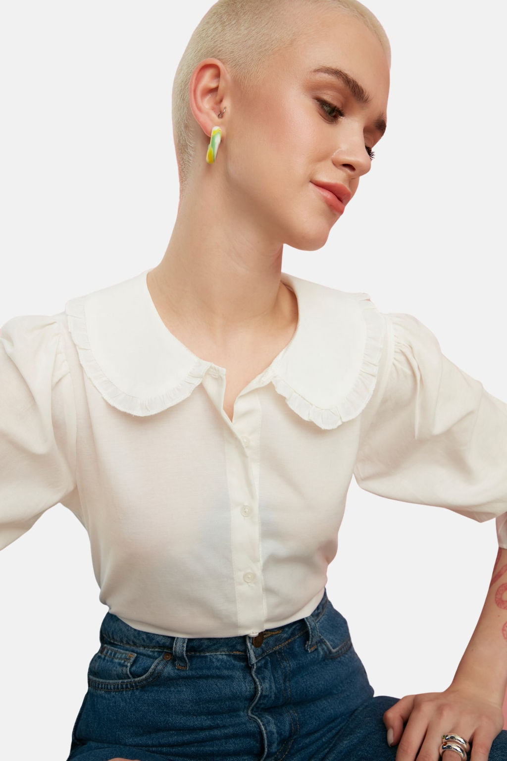 Ekru Bebe Yaka Dokuma Gomlek TWOSS22GO0083 - Trendyolmilla фото 3