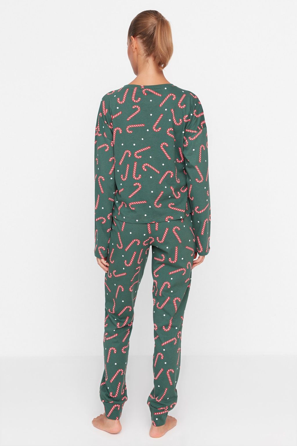 Yesil %100 Pamuklu Y?lbas? Temal? Orme Pijama Tak?m? THMAW21PT0771