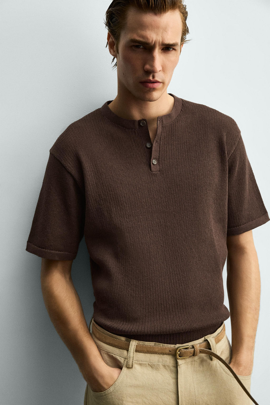 CAMISETA PUNTO CUELLO PANADERO ALGOD?N - LINO / Marr?n - Zara фото 6