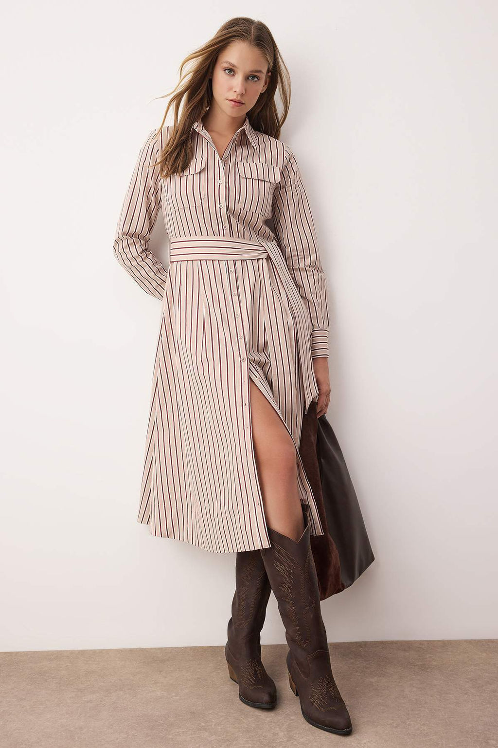 Kahverengi Kusakl? Cizgili Midi Dokuma Gomlek Elbise TWOAW26EL00328 - Trendyolmilla фото 2
