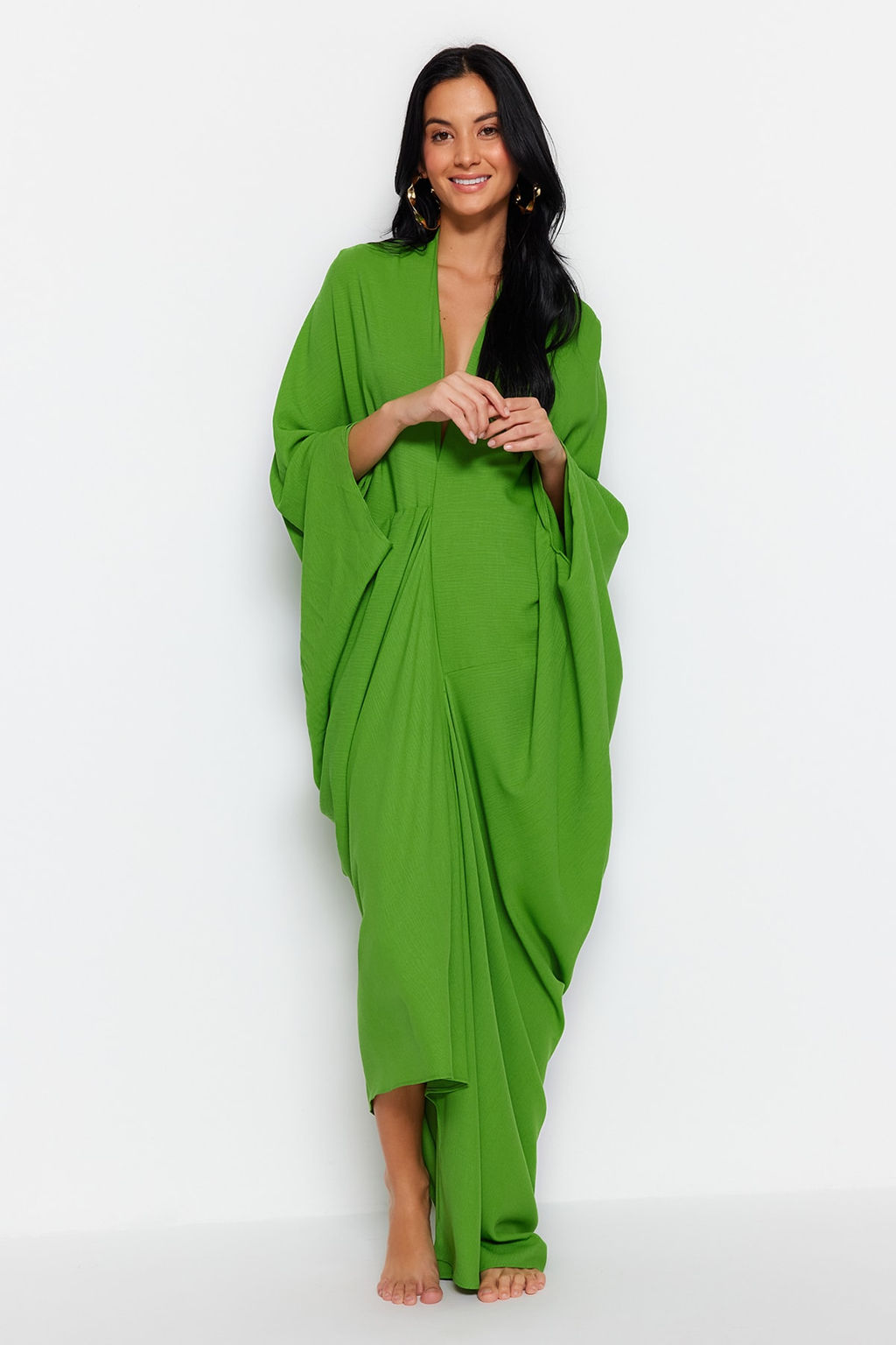 Haki Genis Kal?p Maxi Dokuma Buzgulu Plaj Elbisesi TBESS23EL00274