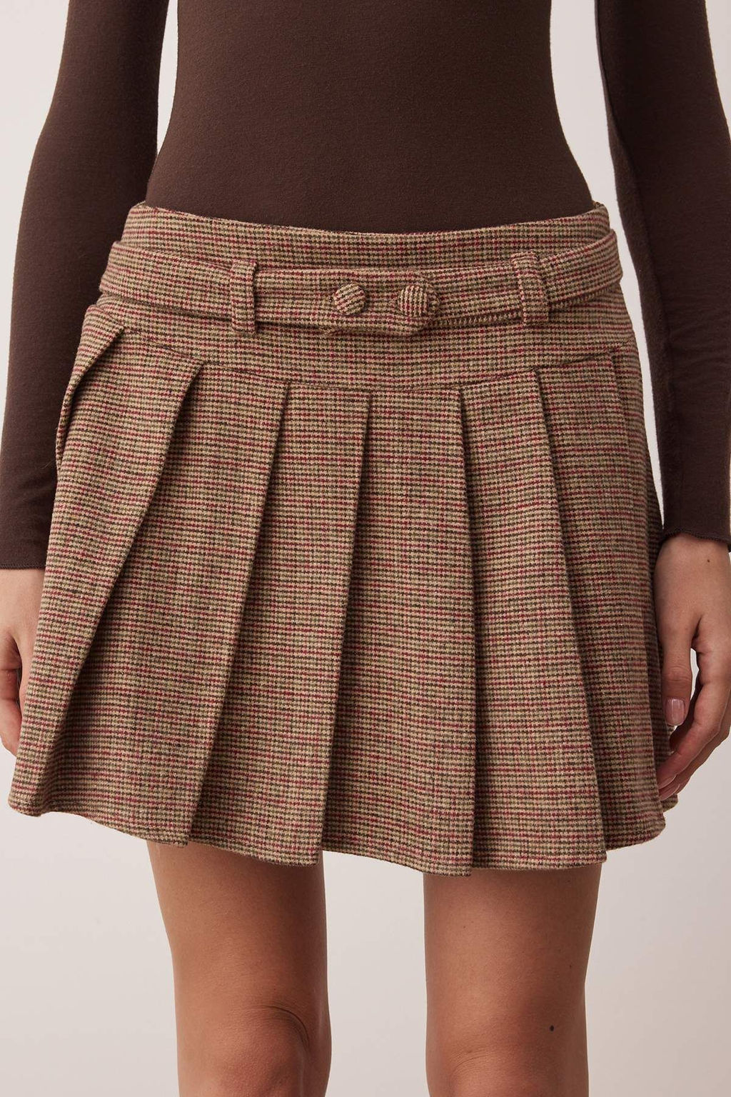 Kahverengi Ekose/Kareli Piliseli Mini Etek TWOAW26ET00014 - Trendyolmilla фото 3