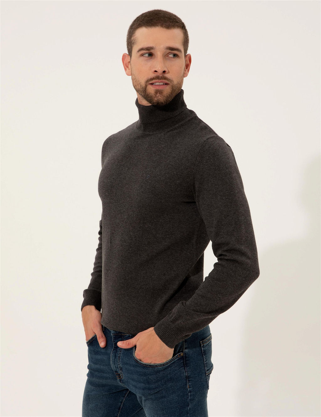 Gri Melanj Slim Fit Bal_k__ Yaka Basic Triko Kazak