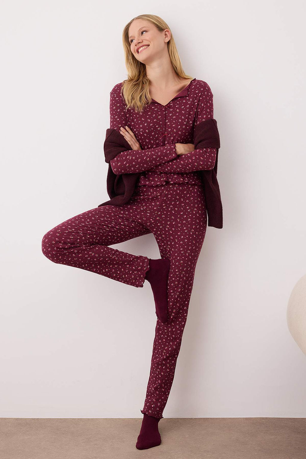 Pembe %100 Pamuklu Cicekli Kurdele/Fiyonklu Fitilli/Pointel Orme Pijama Tak?m? THMAW26PT00070 - Trendyolmilla фото 5