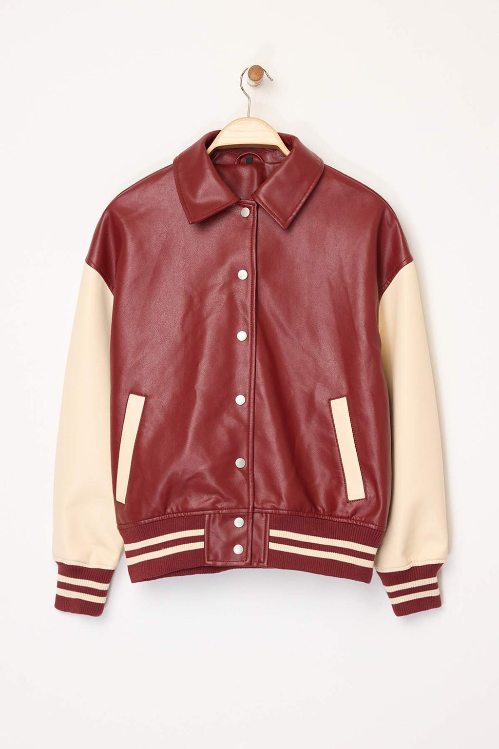 Bordo-Krem Oversize Kal?p Suni Deri Kolej Bomber Ceket Mont TWOAW26MO00006 - Trendyolmilla фото 6