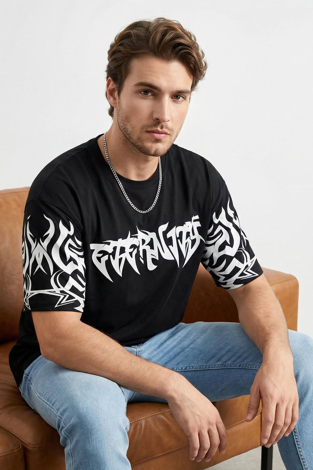 Trendyolmilla Man Siyah Oversize/Genis Kesim Bask?l? %100 Pamuk T-Shirt TMNSS25TS00192  фото 7