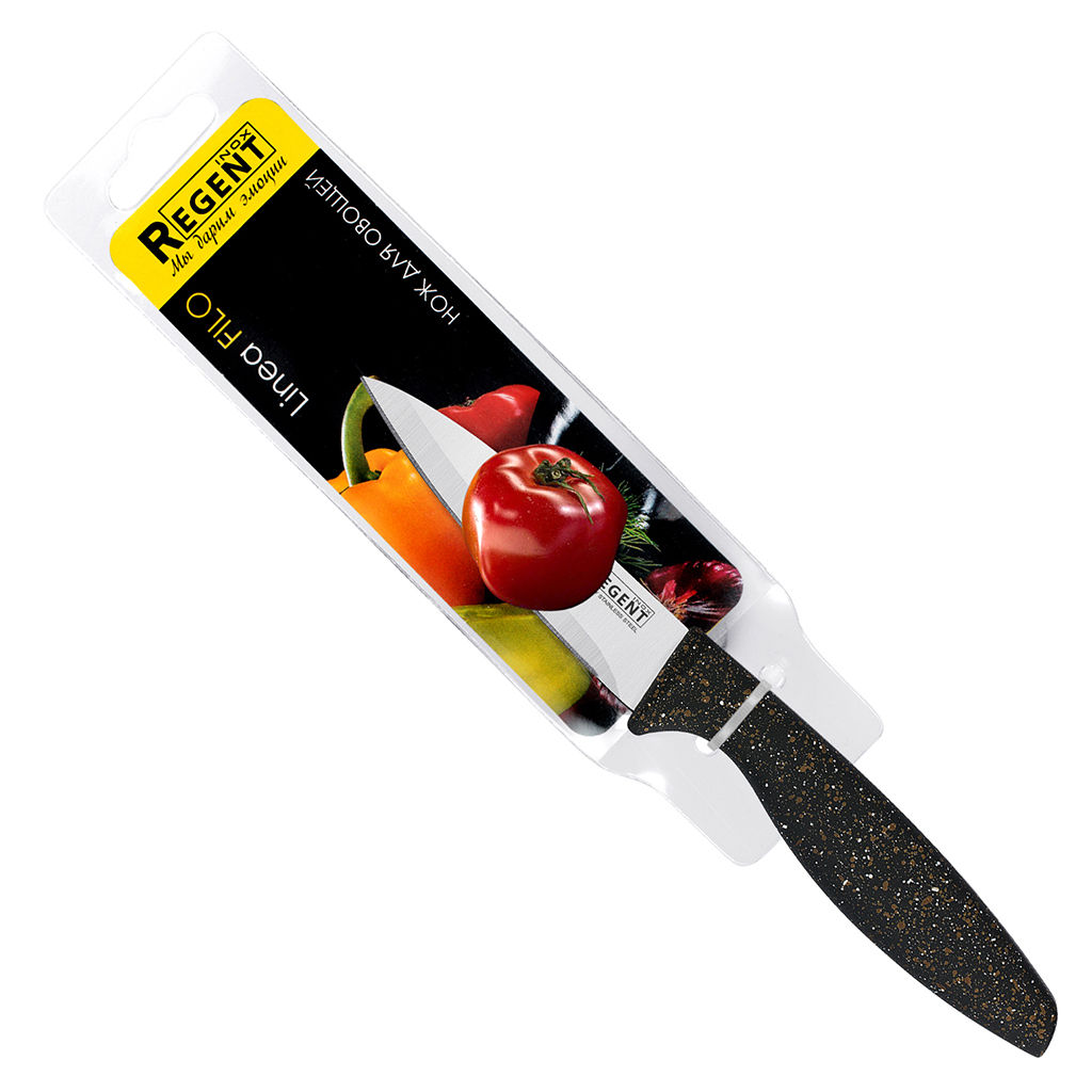 Нож кухонный для овощей Filo 9см из нержавеющей стали, ширина 1,5см, длина 20см, пластмассовая ручка с покрытием soft-touch, ПВХ чехол-повес, Regent (Китай) - Домашняя мода фото 2