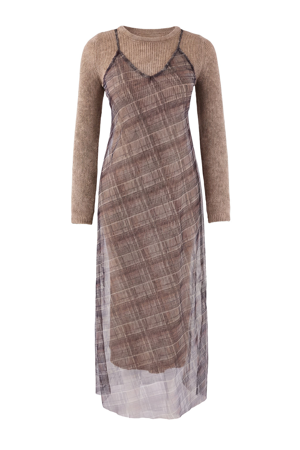 Bej Maxi Ekose Detayl? 2li Dokuma Triko Elbise TWOAW26EL00379 - Trendyolmilla фото 5