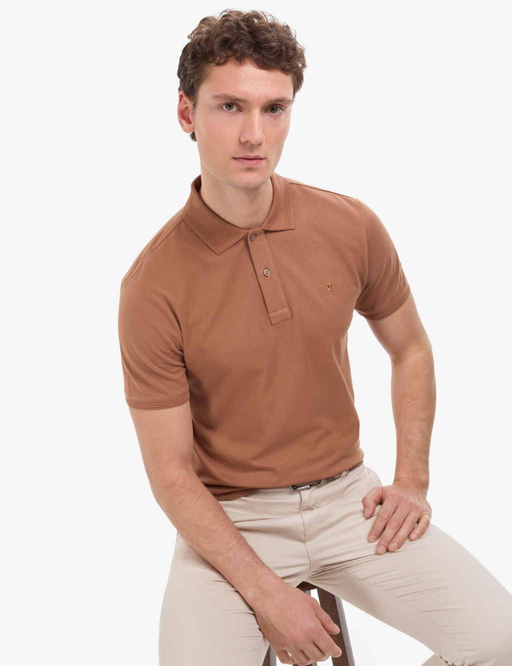 A__k Kahverengi Slim Fit %100 Pamuk D__meli Polo Yaka Basic Ti__rt