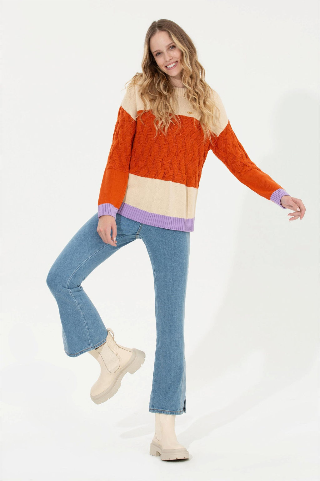 U. S. Polo Assn Женский кремовый меланжевый свитер с круглым вырезом - U.s. polo assn фото 7