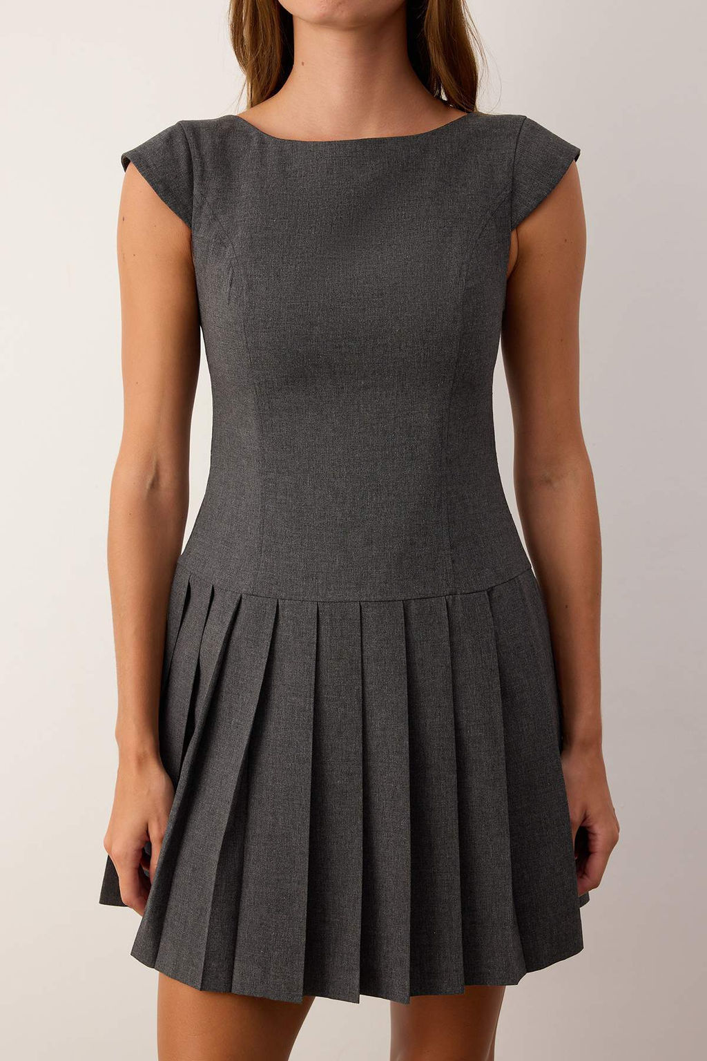 Antrasit Mini Poliviskon Pileli Dokuma Elbise TWOAW26EL00317