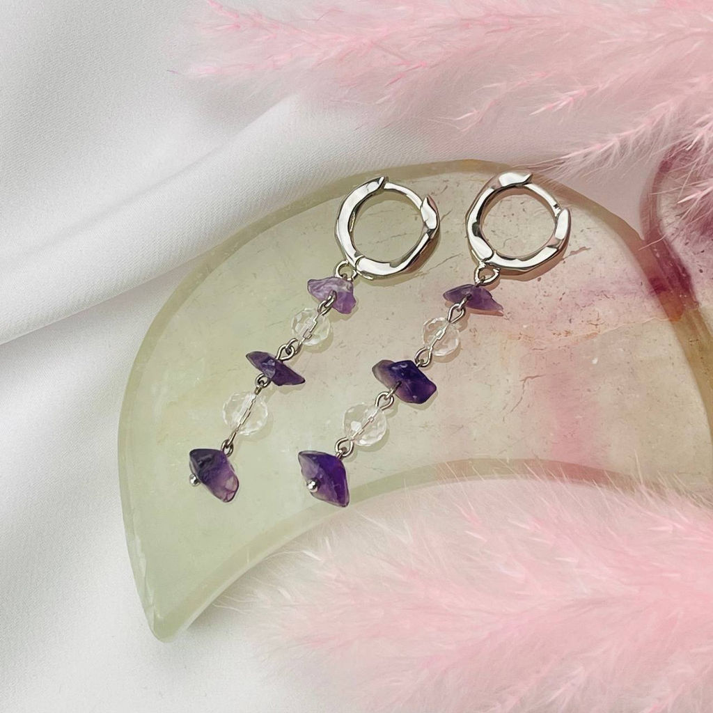 Серьги длинные из Аметиста и Горного Хрусталя