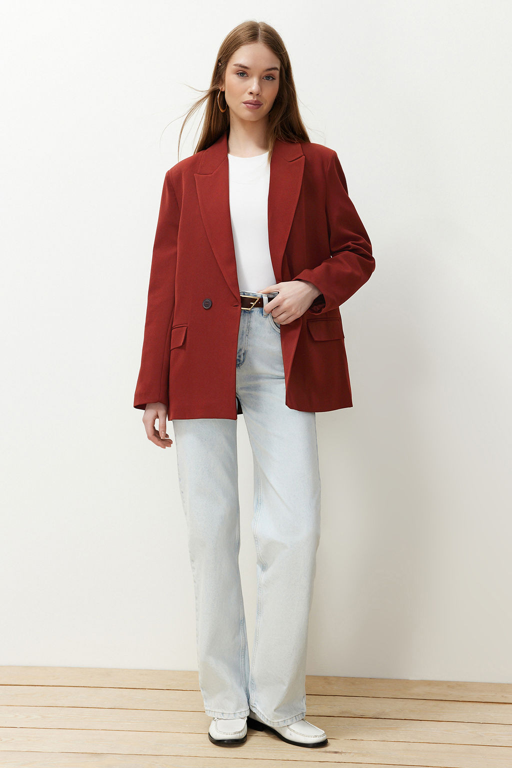 Bordo Kiremit Oversize Duz Kesim Basic Kruvaze Dokuma Blazer Ceket TWOSS24BC00028