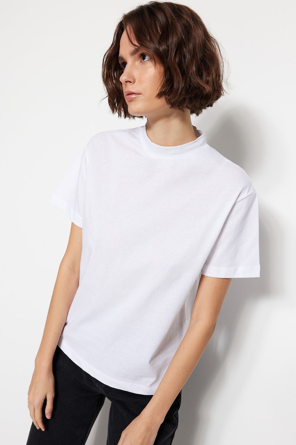 Beyaz-Siyah Beyaz Cizgili 2li Paket Basic Dik Yaka Orme T-Shirt TWOSS20TS1500