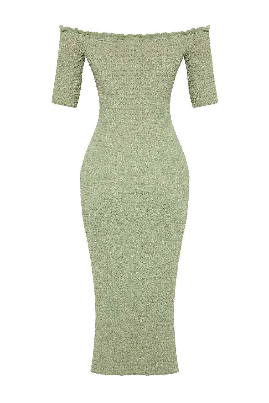 Siyah Duz Midi Dokulu Fitted/Vucuda Oturan Buzgulu Carmen Yaka Esnek Orme Elbise TWOSS25EL00067 - Trendyolmilla фото 14