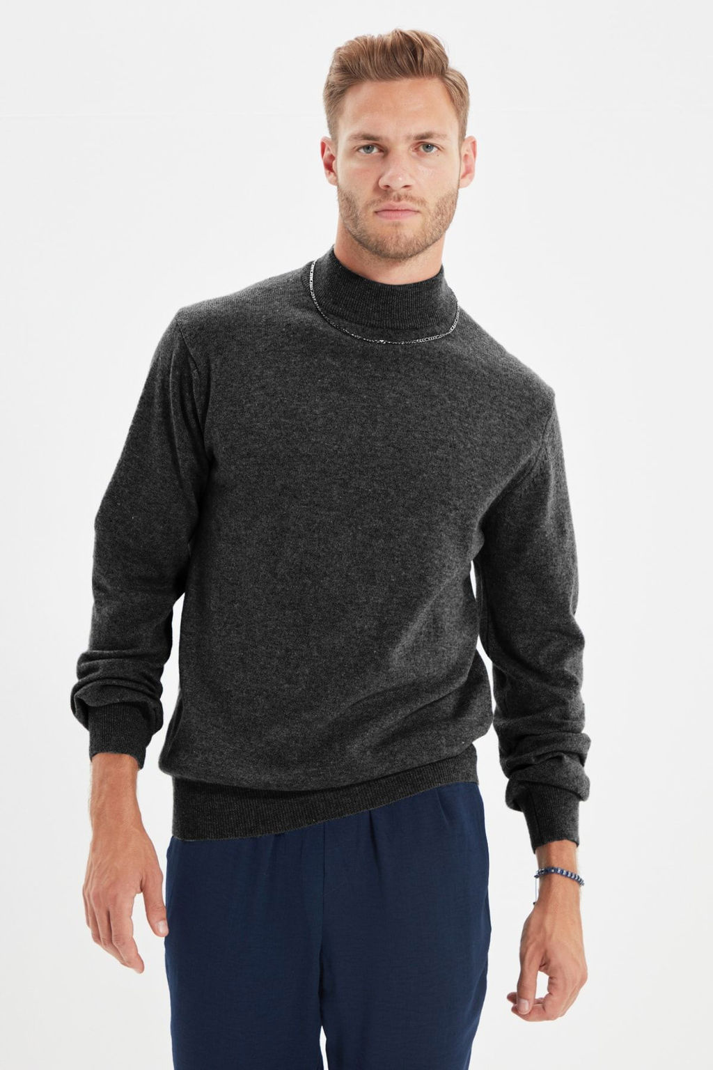TRENDYOL MAN Bej Slim Fit Yunlu Yar?m Bal?kc? Yaka Basic Triko Kazak TMNAW21KZ1595