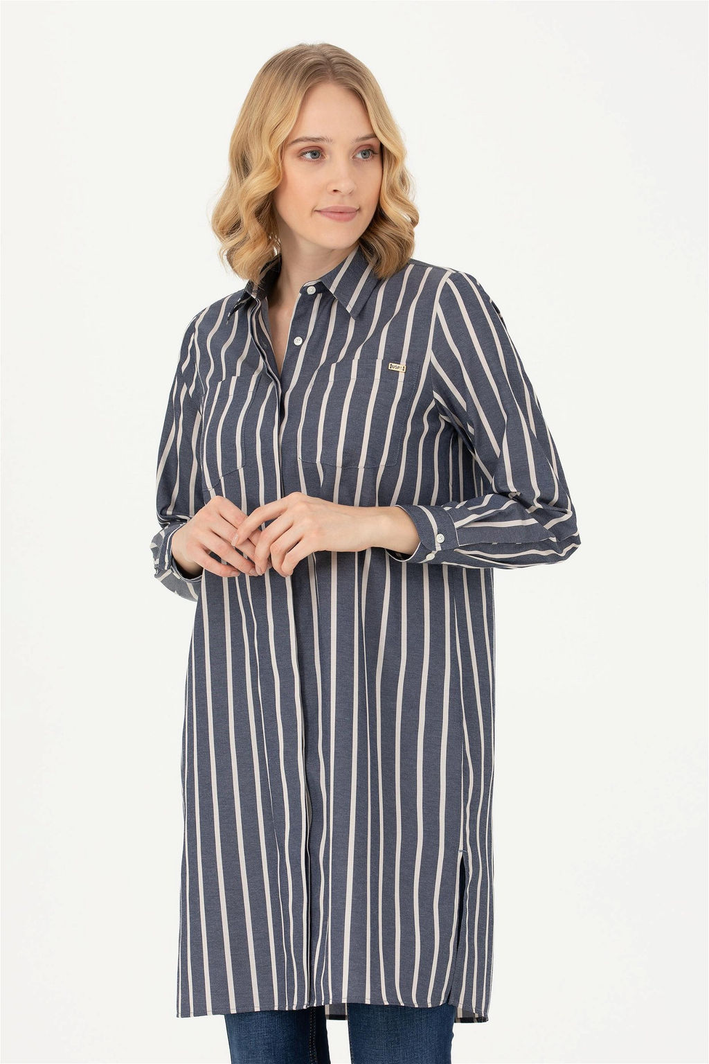 Женская темно-синяя рубашка с длинным рукавом