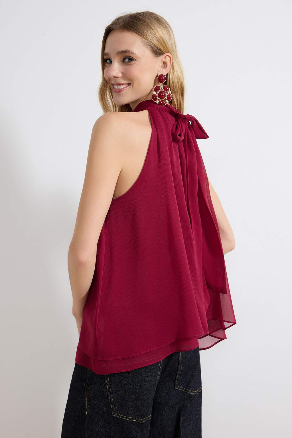 Visne Yakas? Baglama Detayl? Ucus Ucus Astarl? Sifon Dokuma Bluz TWOSS26BZ00328