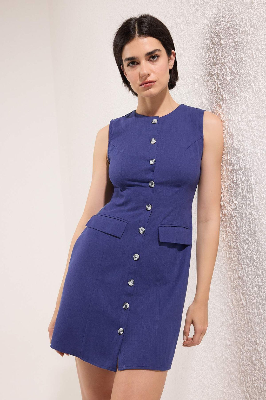 Trendyolmilla Kahverengi Keten Kar?s?ml? Cep Detayl? Mini Dokuma Gomlek Elbise TWOSS25EL00708  фото 3