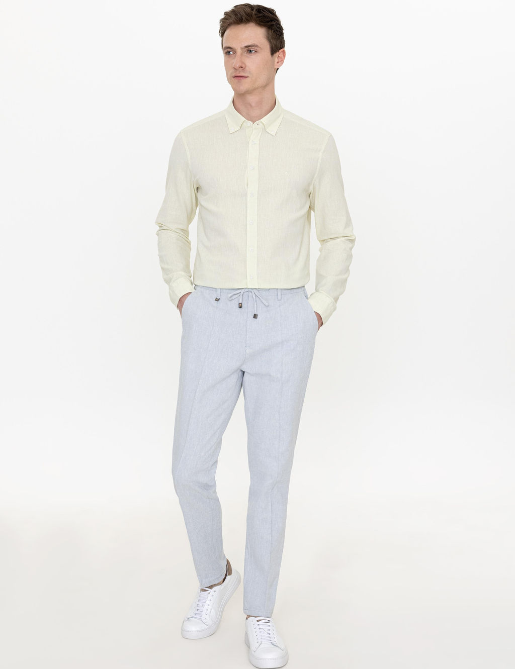 Рубашка узкого кроя с длинными рукавами из смесового льна фисташкового цвета - Cacharel фото 4