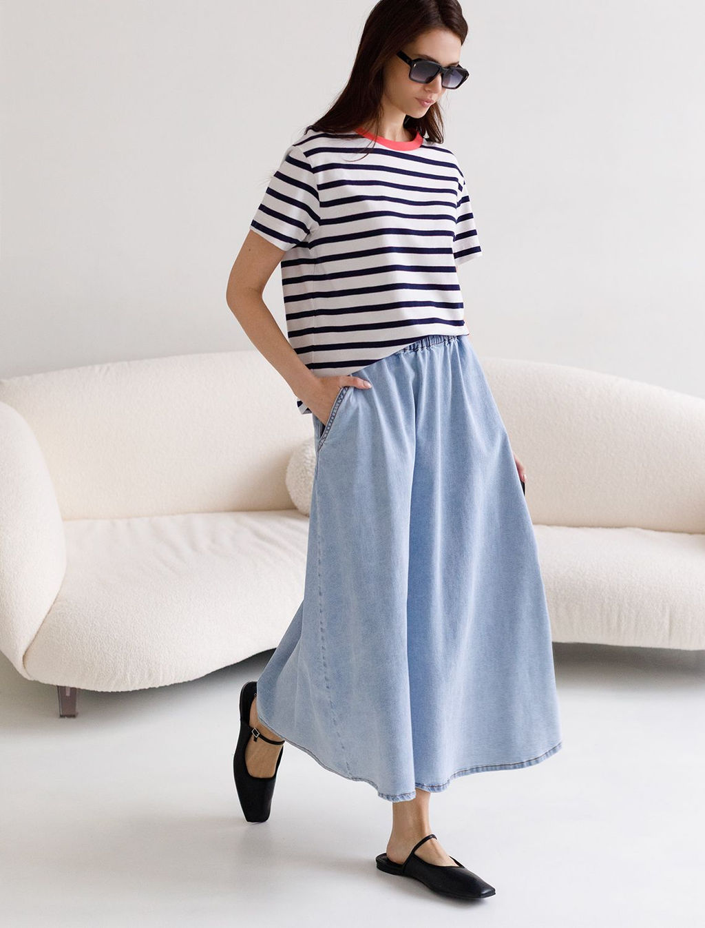 Юбка миди А-силуэта с поясом на резинке из облегченного денима