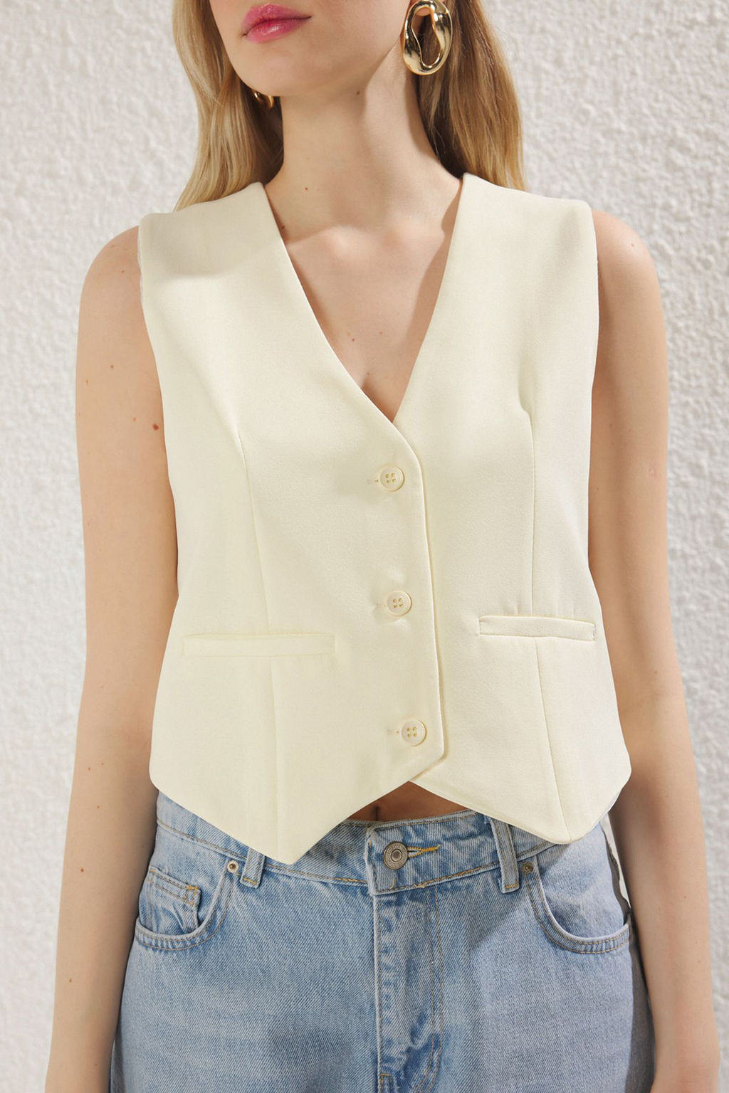 Ac?k Sar? Regular Crop Dokuma Yelek TWOSS22YE0053