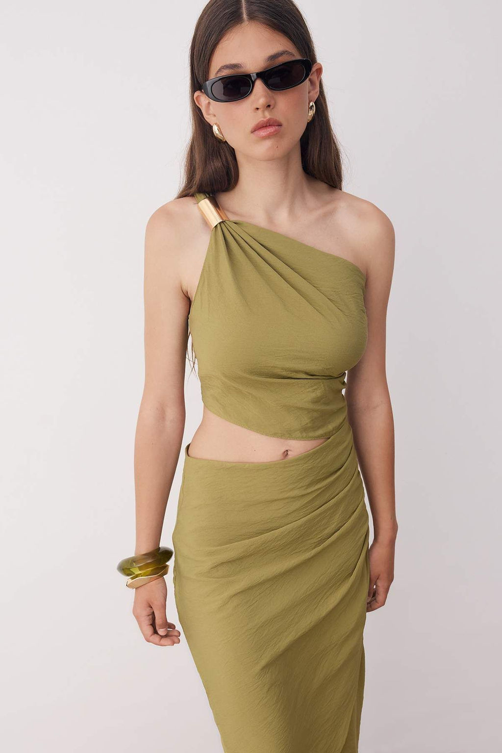 Haki Bel Cut Out/Pencere Detayl? Dokuma Midi Elbise TWOSS25EL00887 - Trendyolmilla фото 6