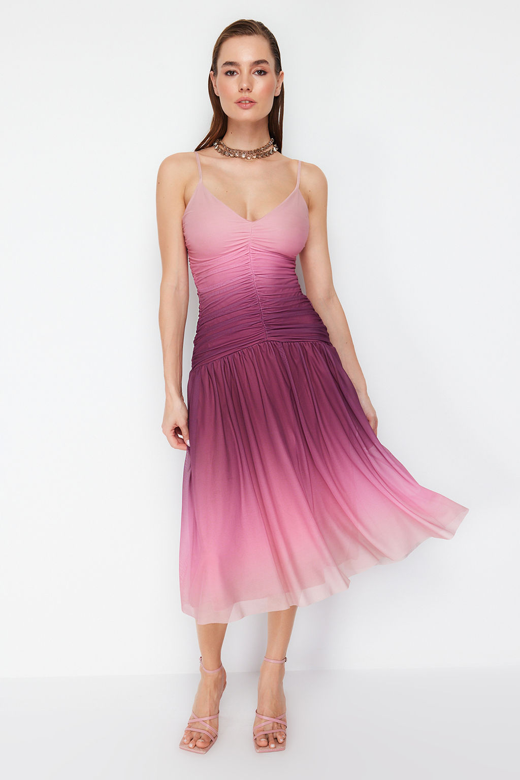 Cok Renkli A-Kesim Orme Tul Elbise TPRSS24EL00055 - Trendyolmilla фото 3