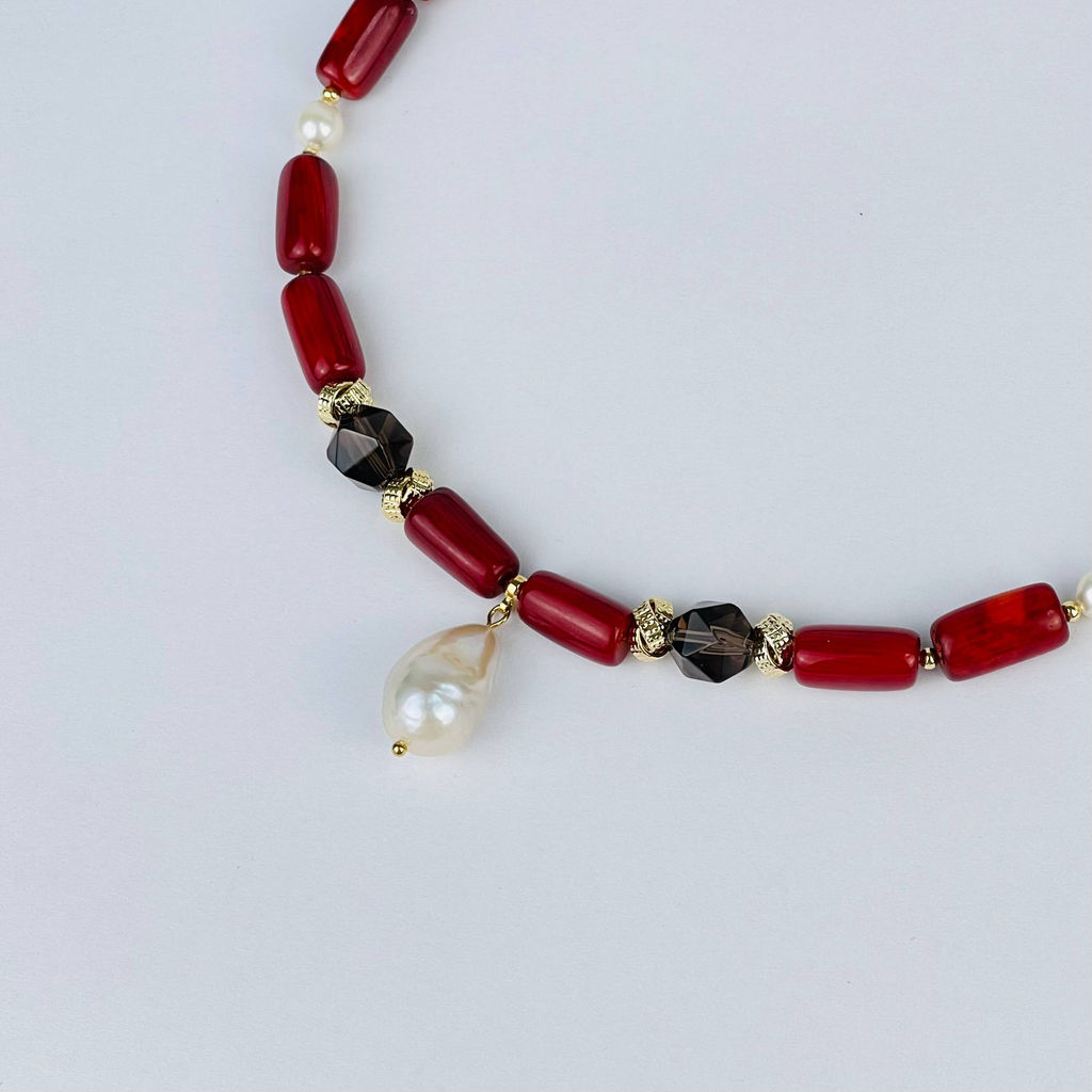 Колье из Коралла, Раухтопаза и Жемчуга 40 см +